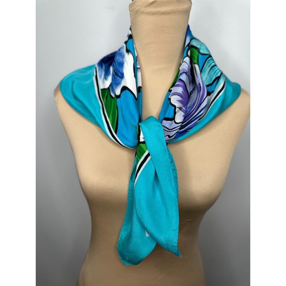 Adrienne‎ Vittadini Square Silk Scarf Aqua Blue Floral Feminine - Picture 2 of 7